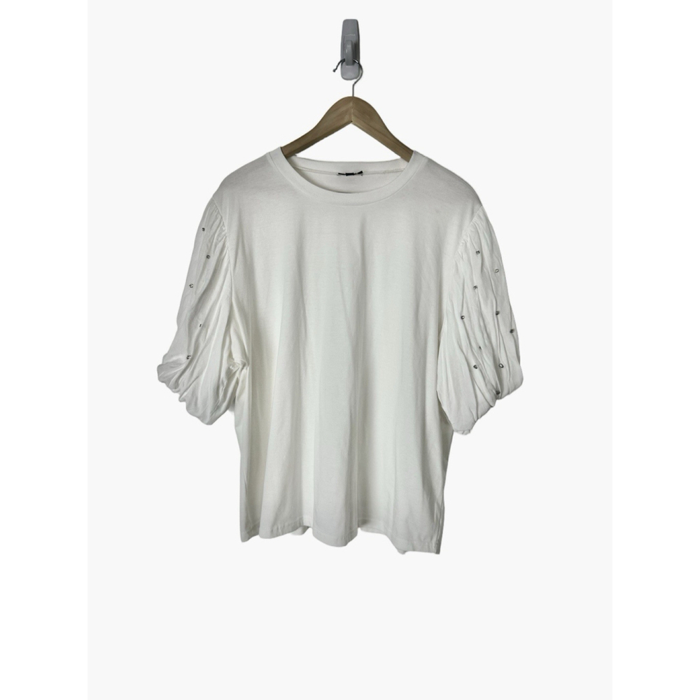 On Twelfth Puff Sleeve Top with Rhinestone Accents Plus 3X White Stretch Preppy